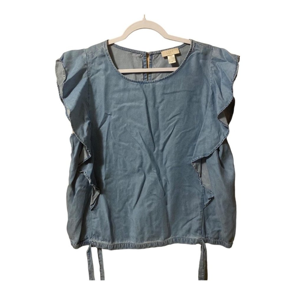 ANN TAYLOR LOFT RUFFLE SLEEVE CHAMBRAY TOP SIZE LARGE